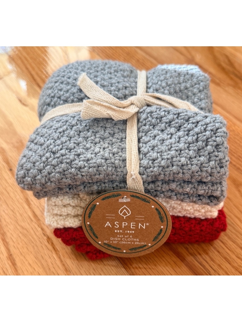 Set of 6 Aspen Crochet Dish Cloths in Gray, White, and Red